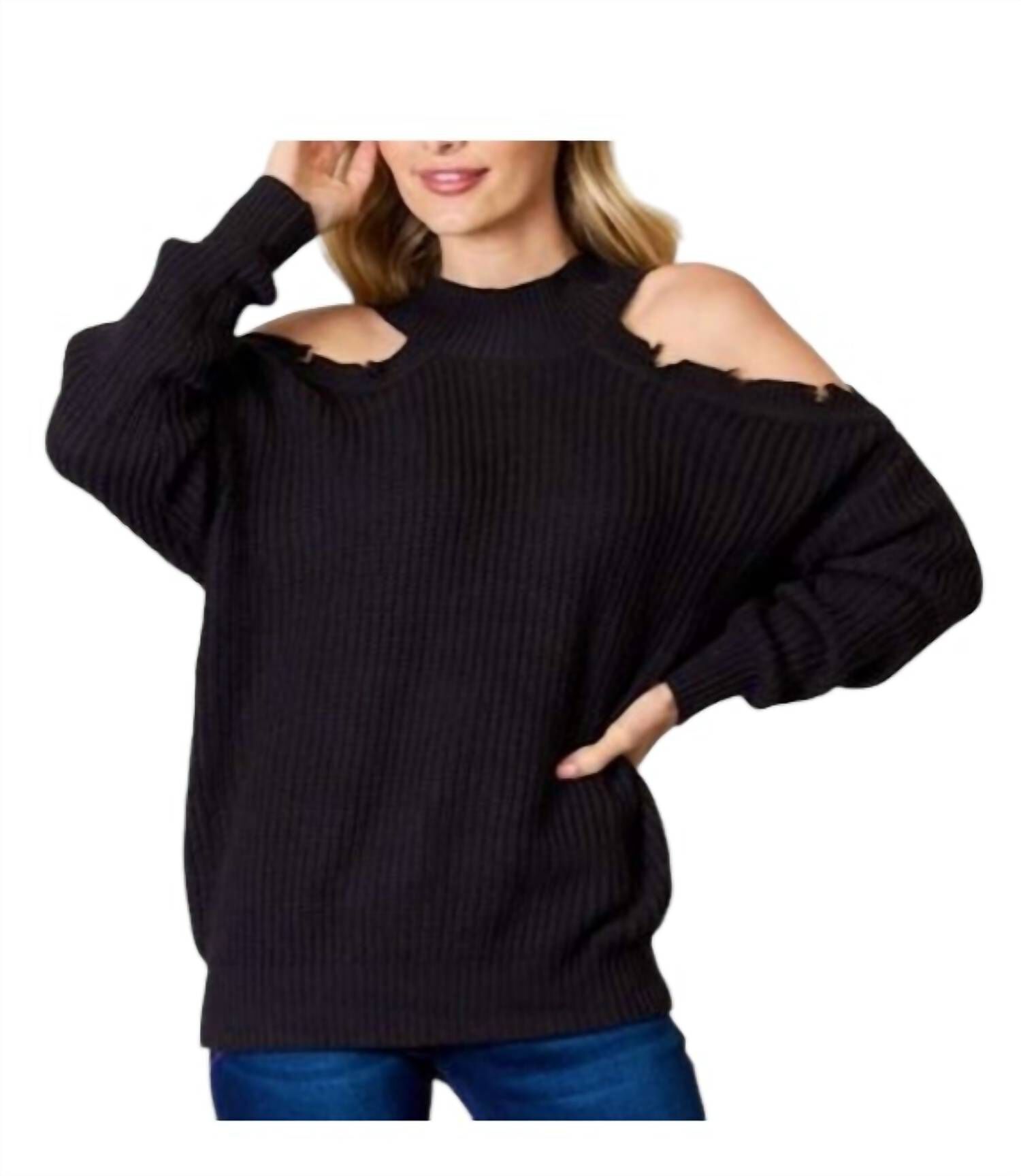 CUTOUT SHOULDER SWEATER IN BLACK, , alternate image number 7