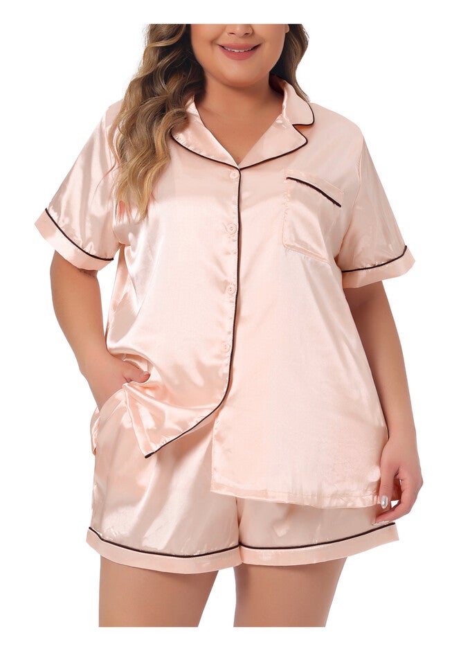 Satin Button Down Top Shorts Lounge Sets with Pocket, Champagne / Gold, alternate image number null