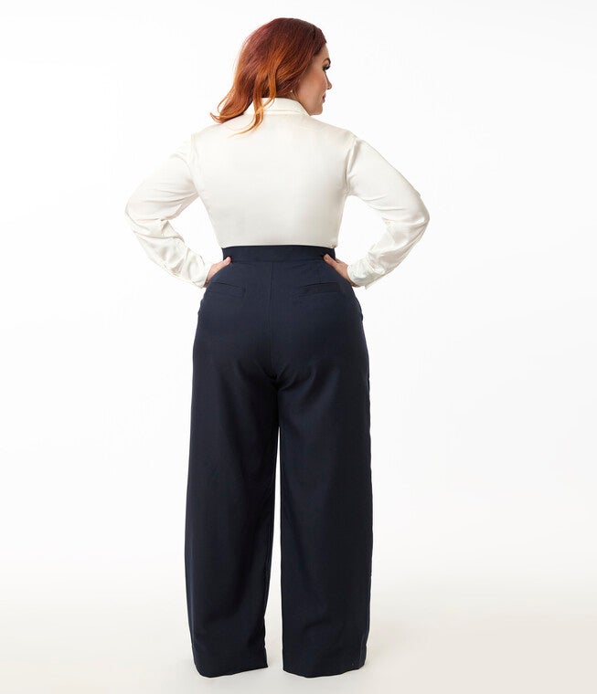 Smak Parlour Plus Size Navy & Silver Button Wide Leg Sailor Pants, Navy / Navy, alternate image number null