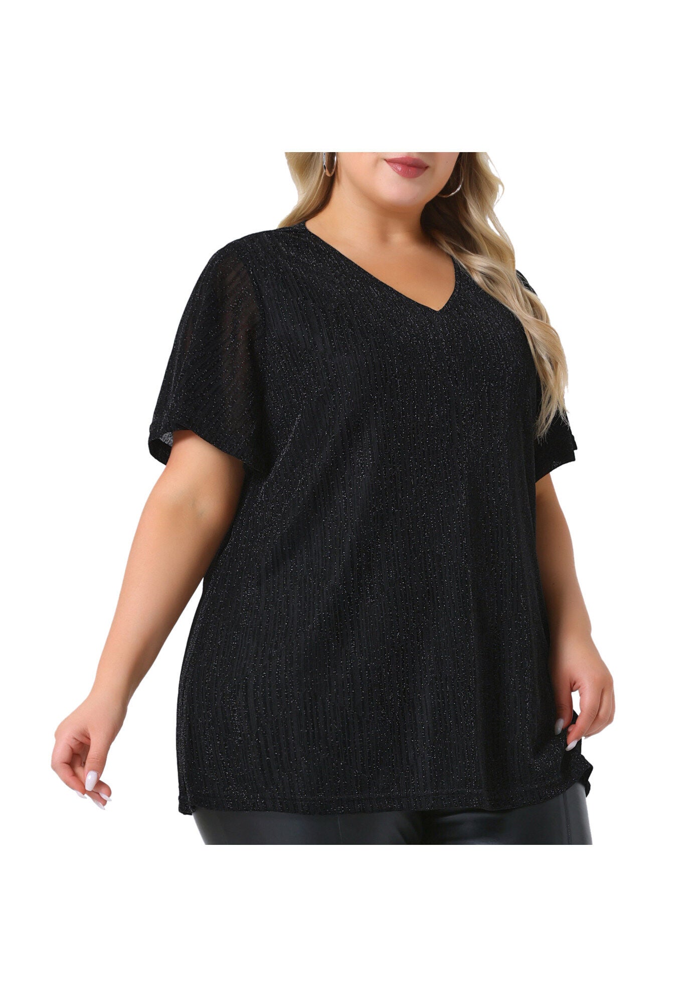 V Neck Metallic Short Sleeve Party Blouse Tee Top, Black / Black, alternate image number 1