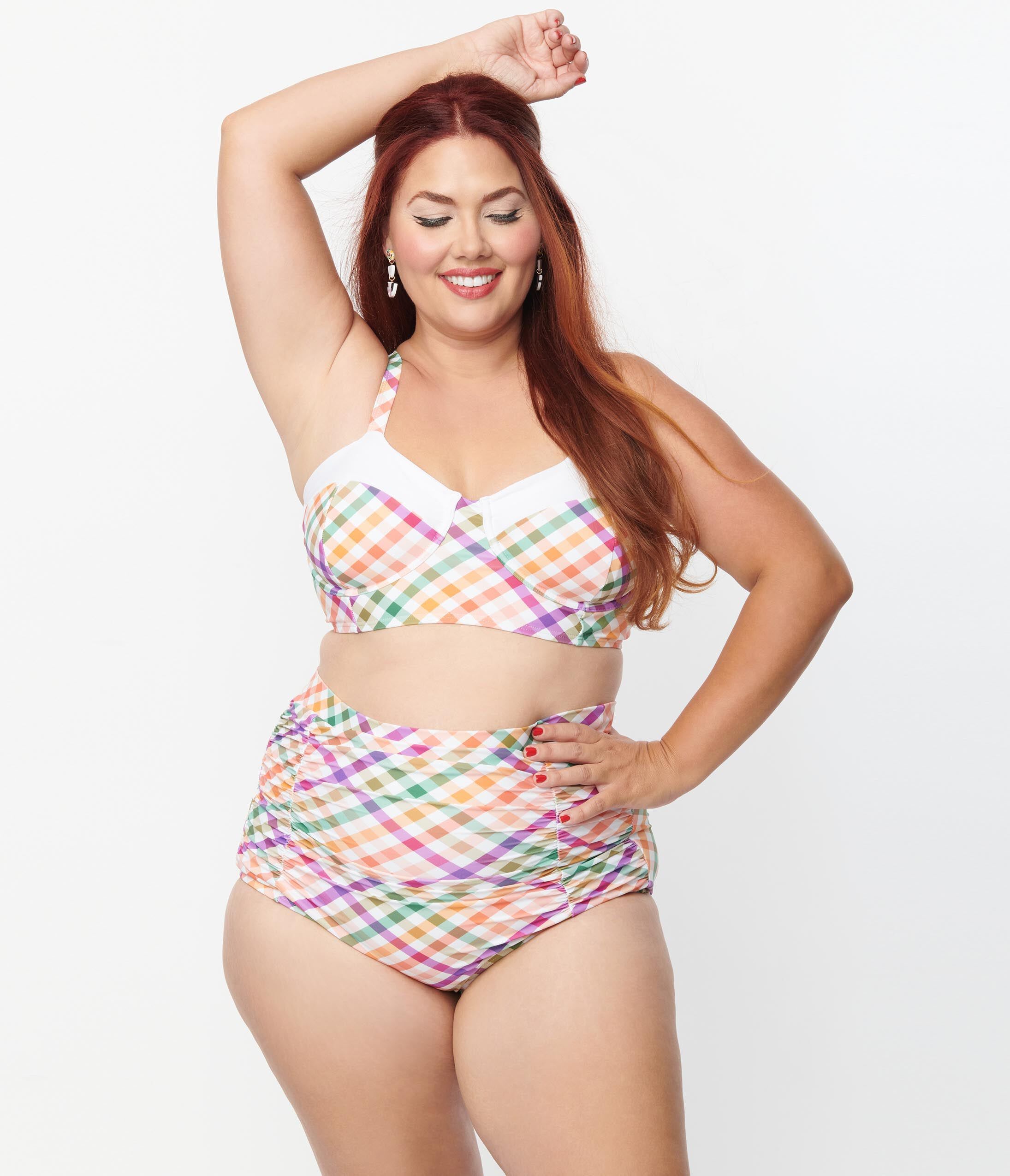 Unique Vintage Pastel Madras Gingham Marlene Crop Swim Top, Plaid Gingham Rainbow / White, alternate image number 3