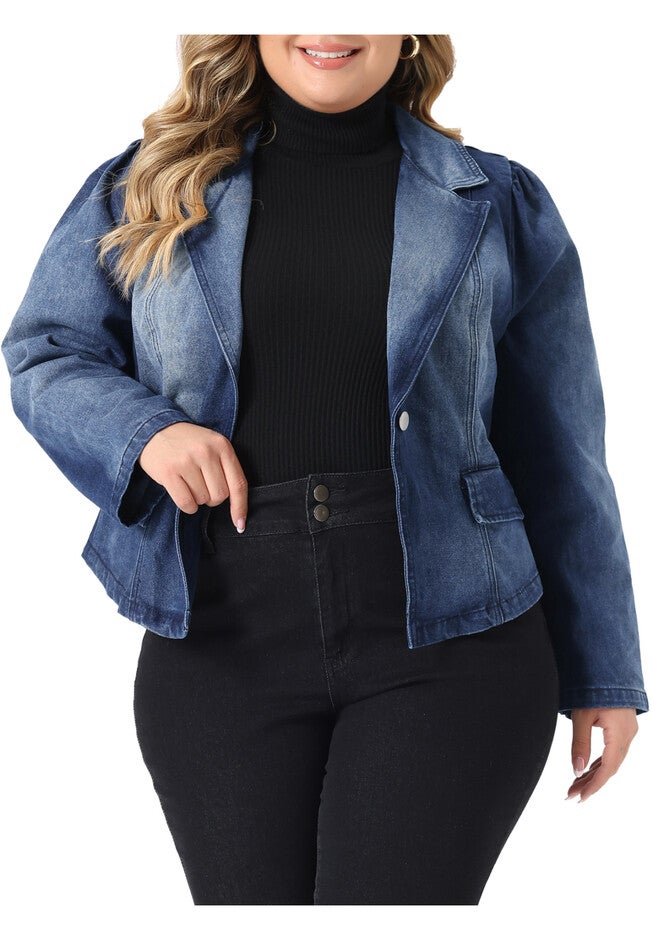 JEAN LAPEL LONG SLEEVE DENIM BLAZER, Dark Blue / Navy, alternate image number 2