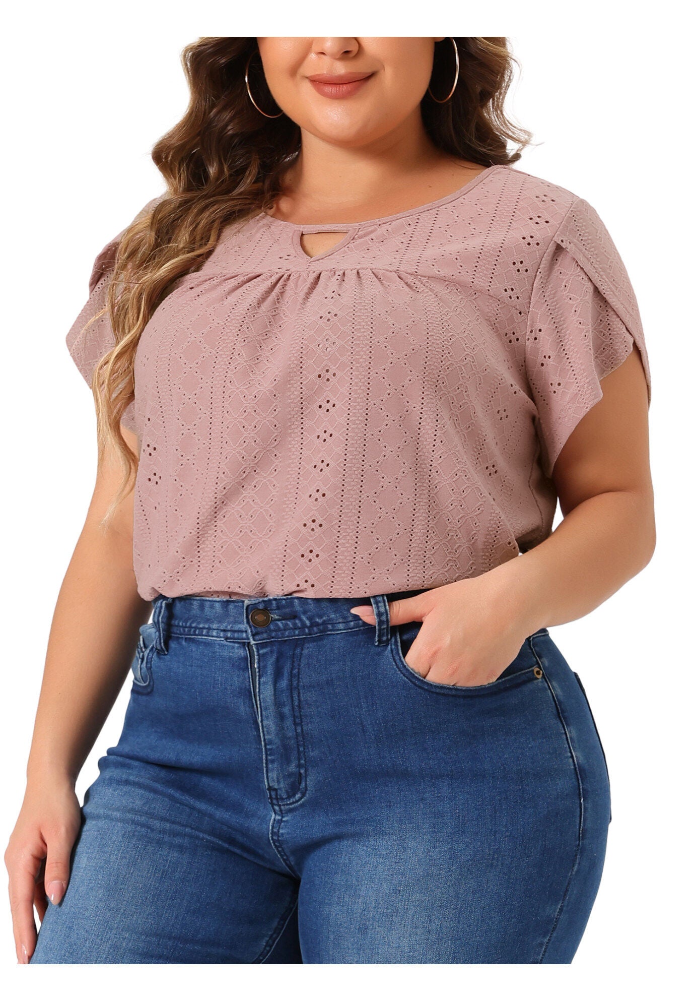 Petal Sleeve Pleated Front Key Hole Round Neck Loose Top, Pink / Pink, alternate image number 1