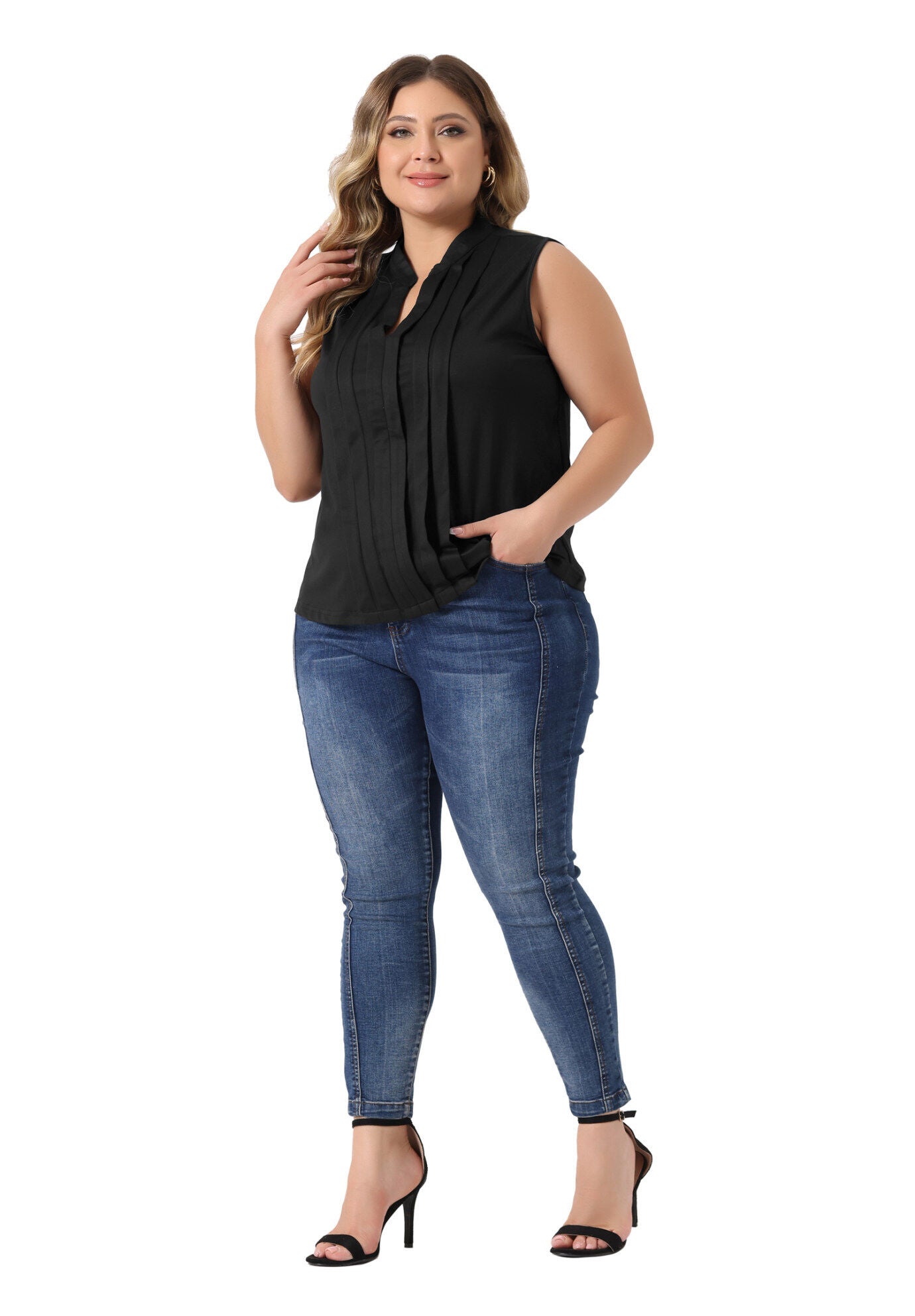 V Neck Sleeveless Pleated Summer Blouse Vest, Black / Black, hi-res image number 0