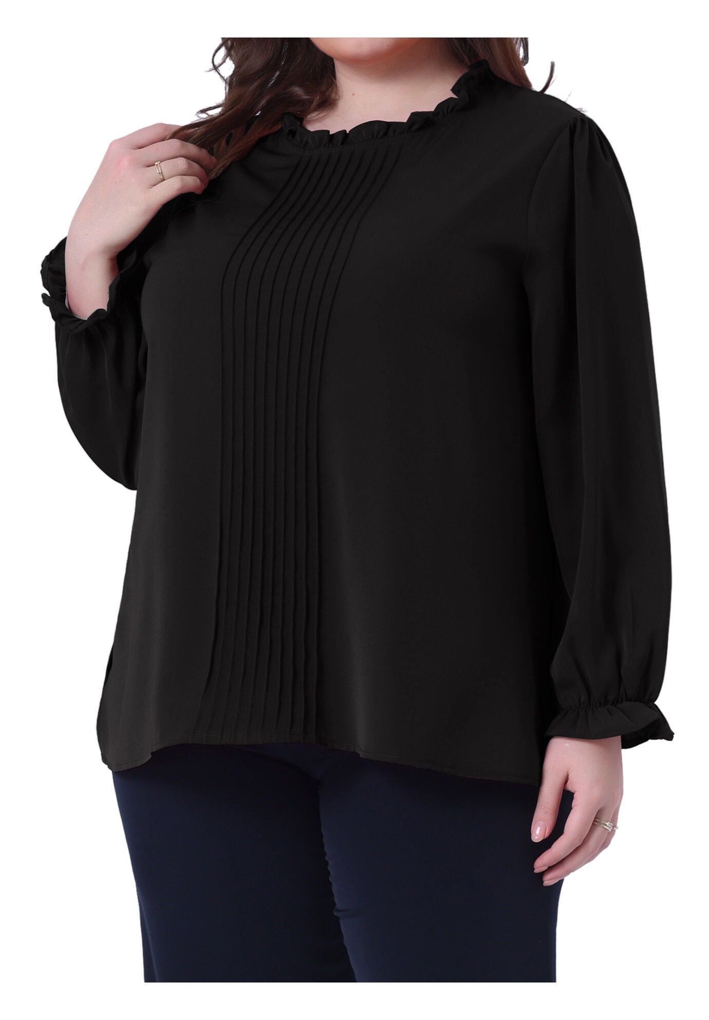 Long Sleeve Ruffle Front Pleated Top Elastic Cuff Blouse, Black / Black, alternate image number 1
