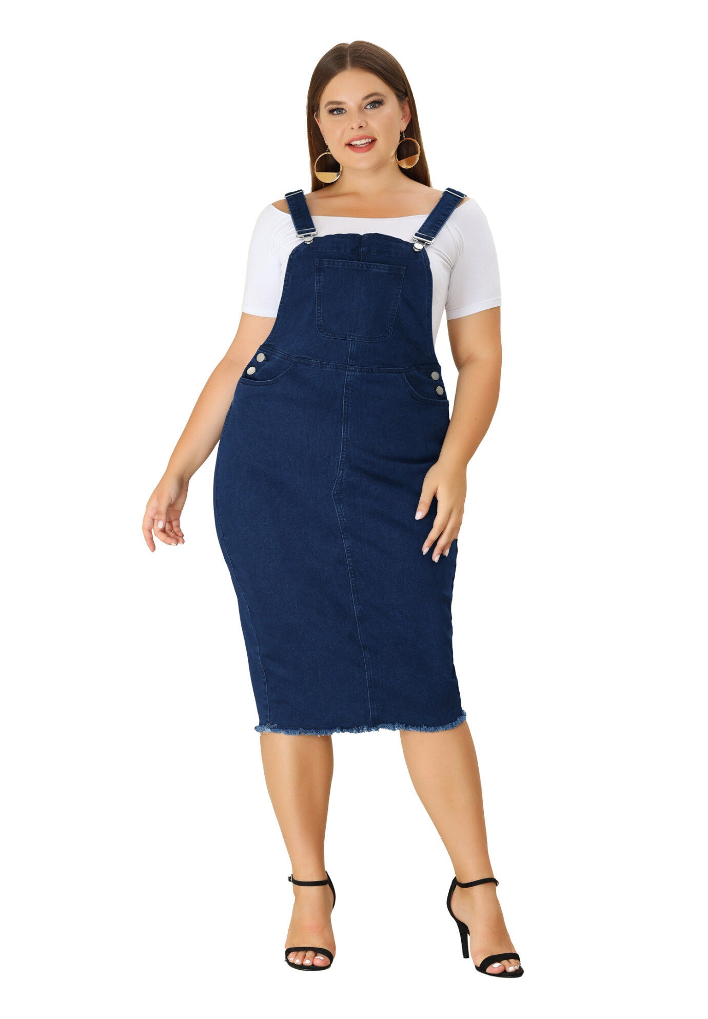 ADJUSTABLE STRAP BACK SLIT DISTRESSED DENIM OVERALL DRESS, Black Blue / Navy, hi-res image number 0