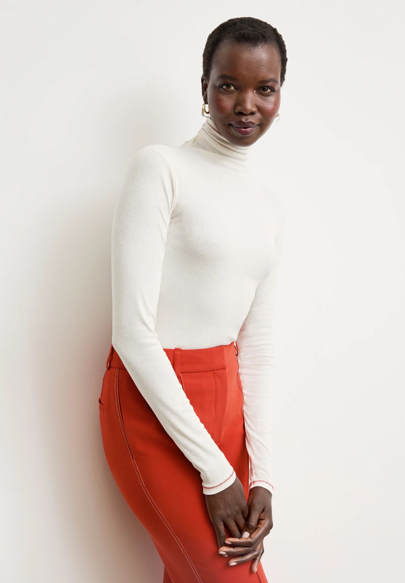 Axam Layering Turtleneck - Contrast Organic Ribbed Pima Cotton, IvoryRed / White, alternate image number 2