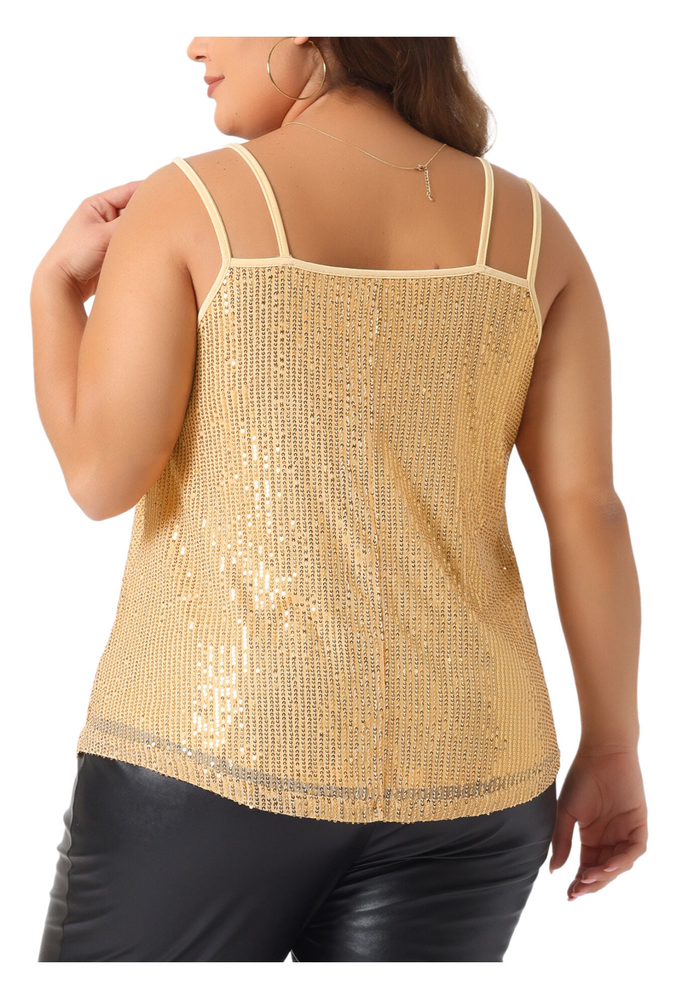 Metallic Spaghetti Strap Cami Party Tank Sequin Top, Gold / Gold, alternate image number 3