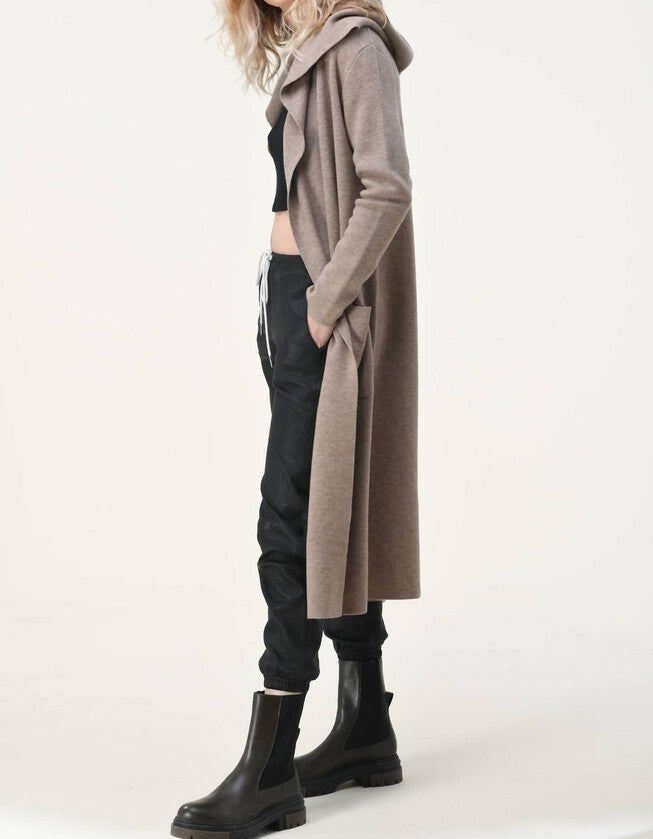 EVA SOLID LONG CARDIGAN WITH HOODIE IN OATMEAL, Oatmeal / Beige, alternate image number null