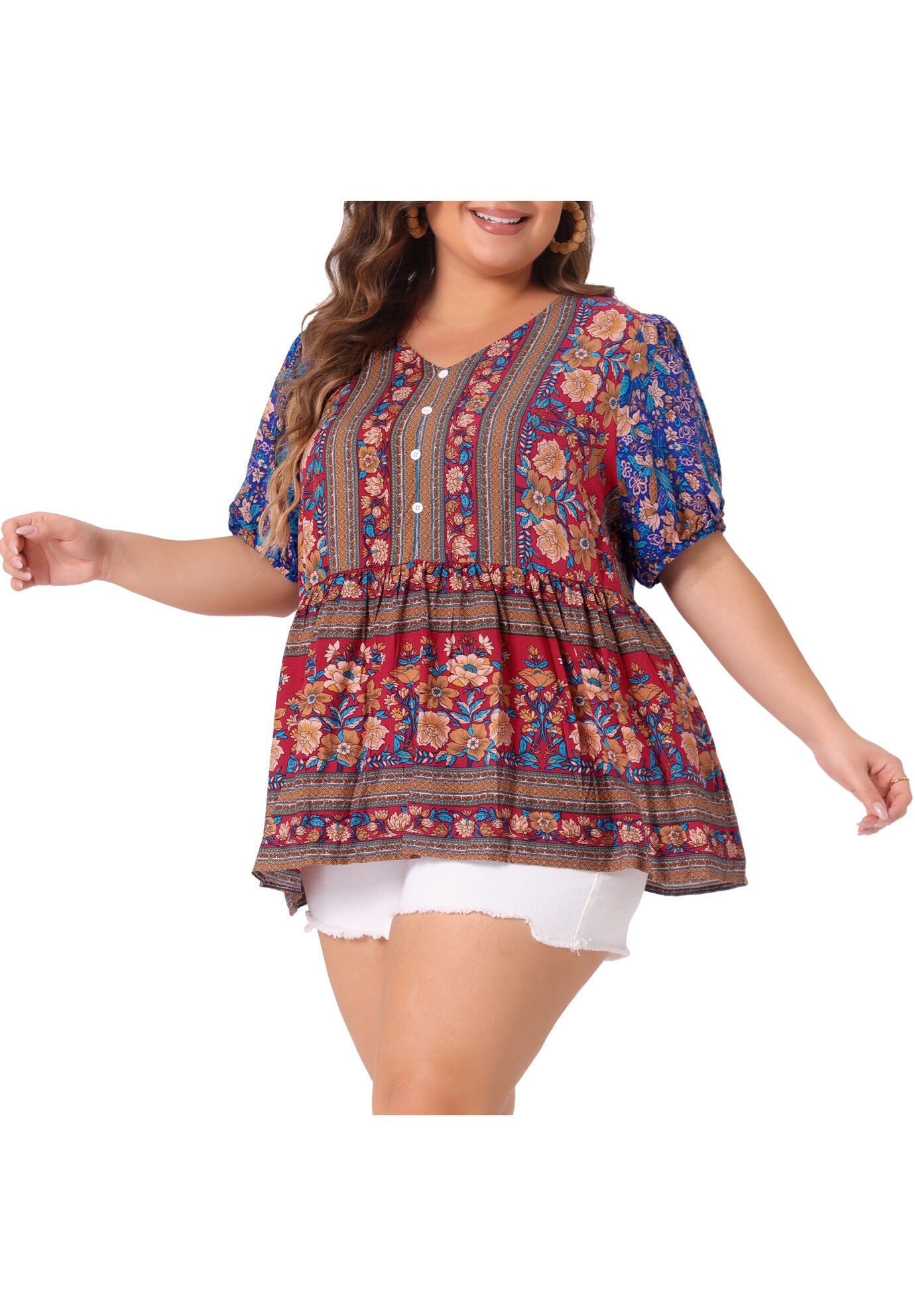 Boho Floral Print V Neck Peplum Loose Blouse, Blue / Cornflower Blue, alternate image number 1