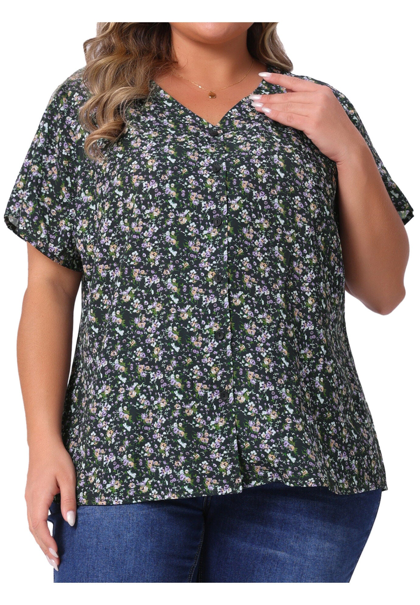 V Neck Button Short Sleeve Floral Blouse, Black Purple / Black, alternate image number 2