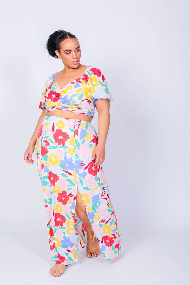 Puff Sleeve Peaches Crop Top, Large Floral / White, alternate image number 1
