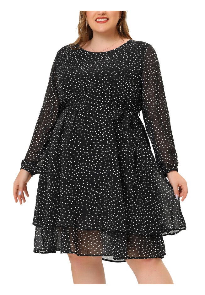 Chiffon Polka Dots Tie Waist Long Sleeve Dress, Black / Black, alternate image number 2