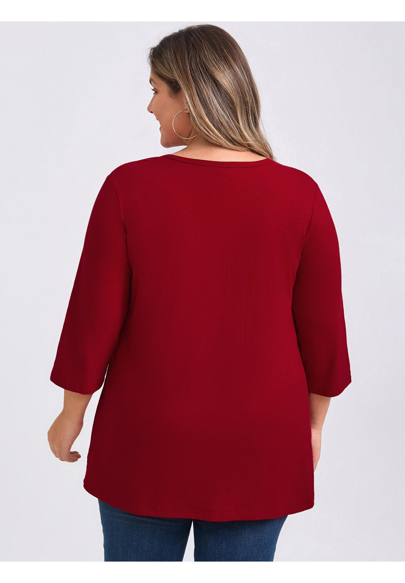 Notched Neck 3/4 Sleeve Front Pleated Button Decor Casual Blouse, Red / Red, alternate image number 2