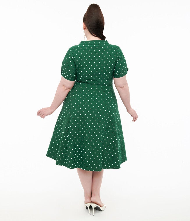 Unique Vintage 1950s Green & White Pin Dot Contrast Button Swing Dress, Green White Pin Dot / Forest Green, alternate image number 1