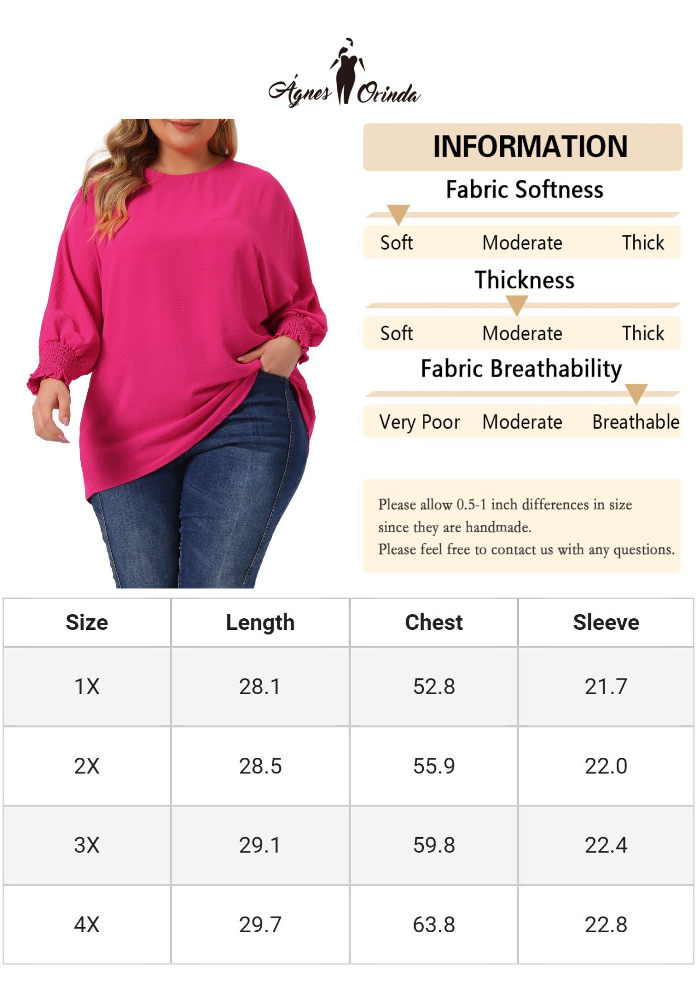 Chiffon Top Batwing Ruffle Long Sleeve Loose T-Shirt Blouse, Hot Pink / Deep Fuchsia, alternate image number 4