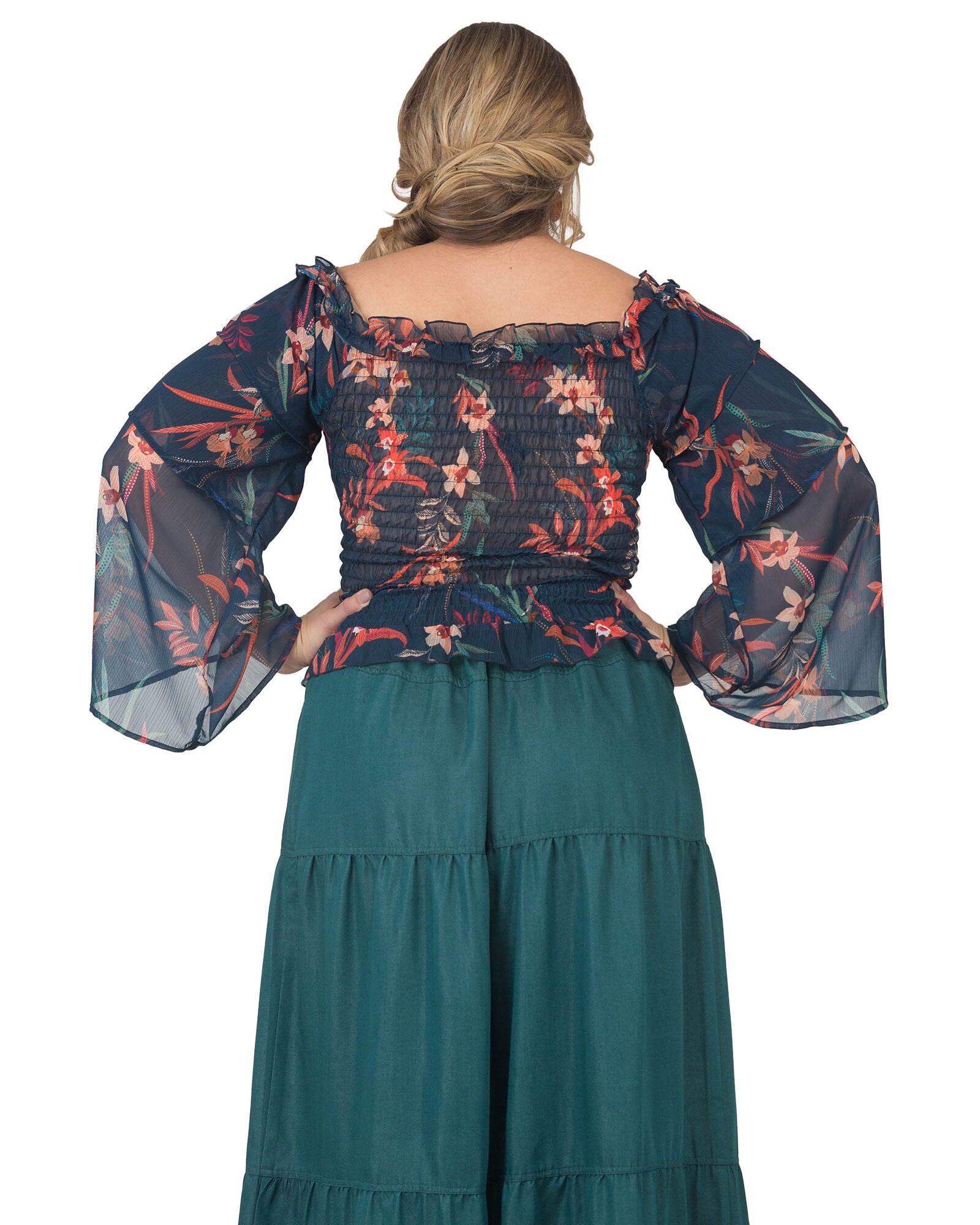 Plus Size Jessa Smocked Tierd Sleeve Top, Tropical Mist / Navy, alternate image number 3