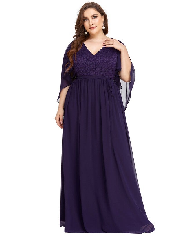 Deep V Neck Lace Bodice Long Flowy Evening Dress, Dark Purple / Purple, alternate image number 4