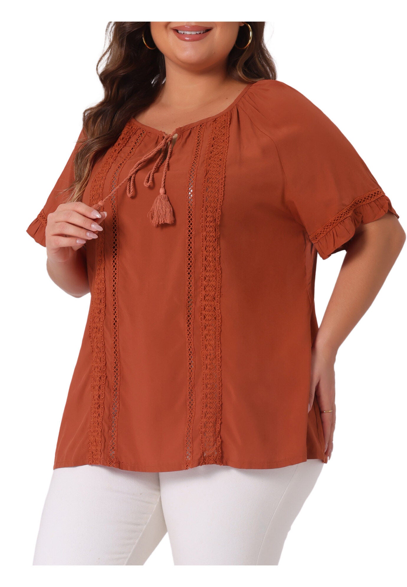 TIE NECK RUFFLE SHORT SLEEVE LACE CROCHET BLOUSE TOP, Caramel / Brown, alternate image number 2