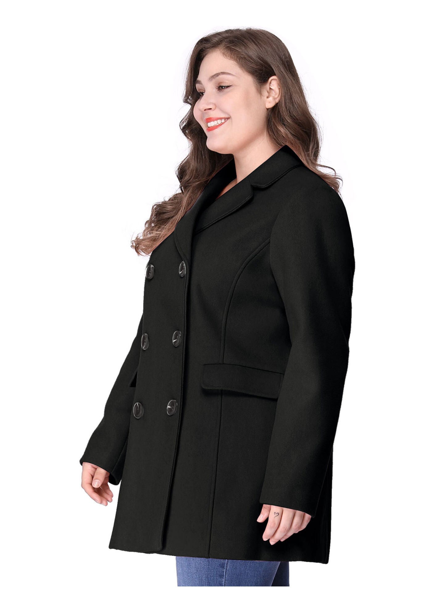 NOTCHED LAPEL DOUBLE BREASTED COAT, Black / Black, alternate image number 3