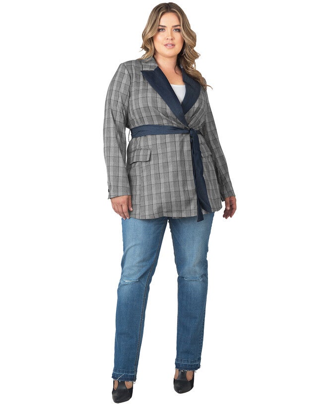 Plus Size Gina Trim Wrap Blazer - Plaid & Tencel Trim, Black White Plaid / Navy, alternate image number 1