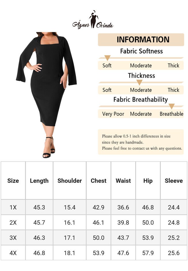 Square Neck Split Long Sleeve Back Slit Bodycon Pencil Dress, Black / Black, alternate image number 4