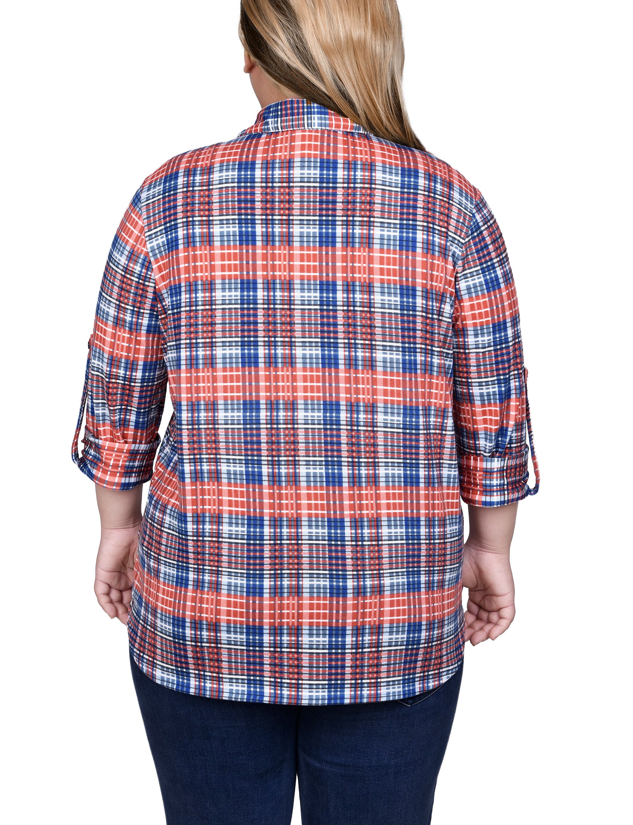 Long Sleeve Button Front Tunic Top, Rust Denim Plaid, alternate image number 1
