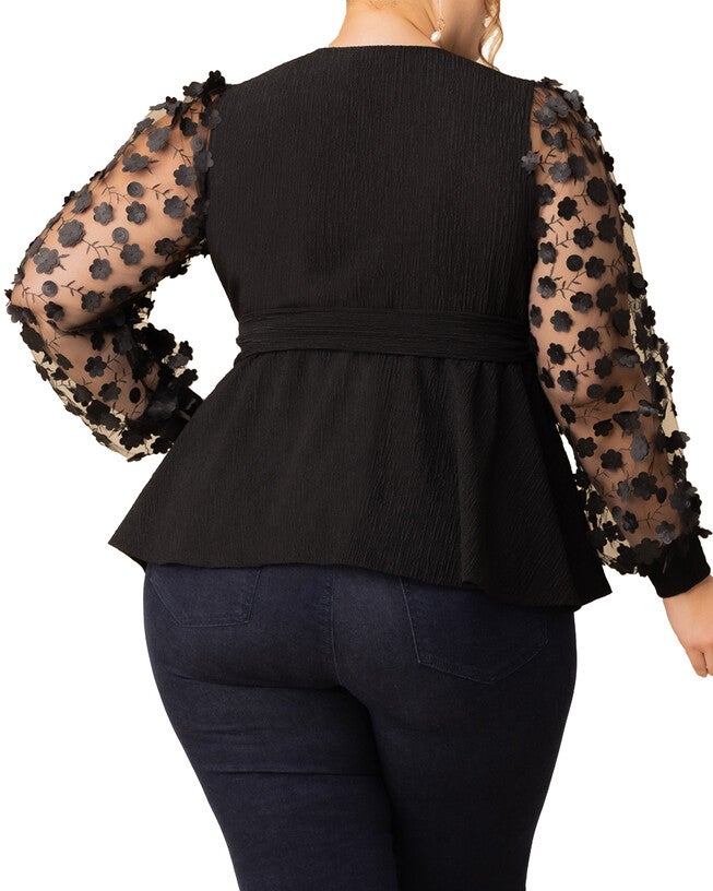 Scattered Petals Long Sleeve Wrap Top, ONYX BLOSSOMS / Black, alternate image number 1