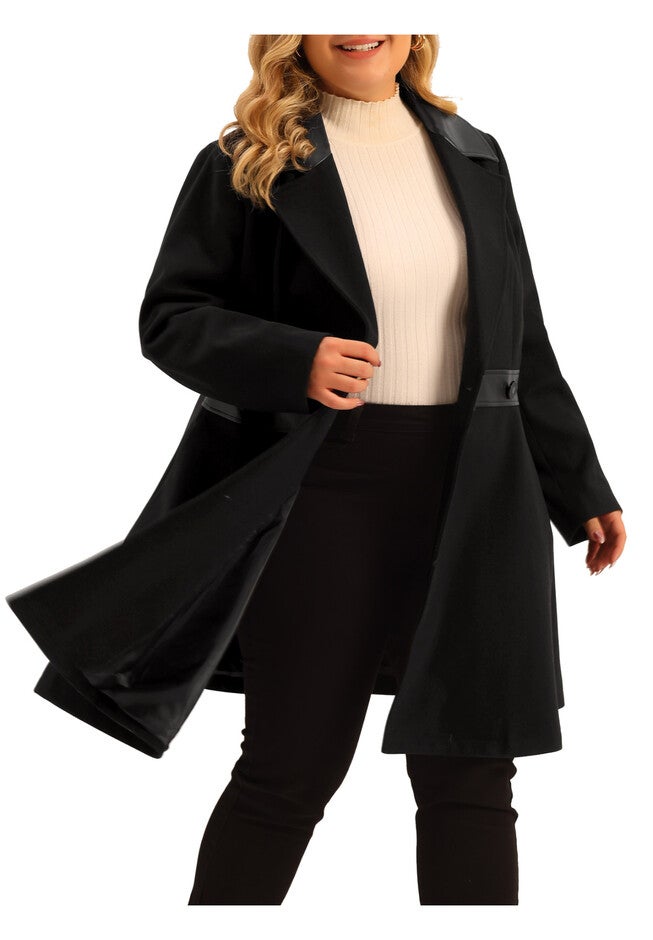 Leather Notched Lapel Single Breasted Long Trench Coat, Black / Black, alternate image number 2