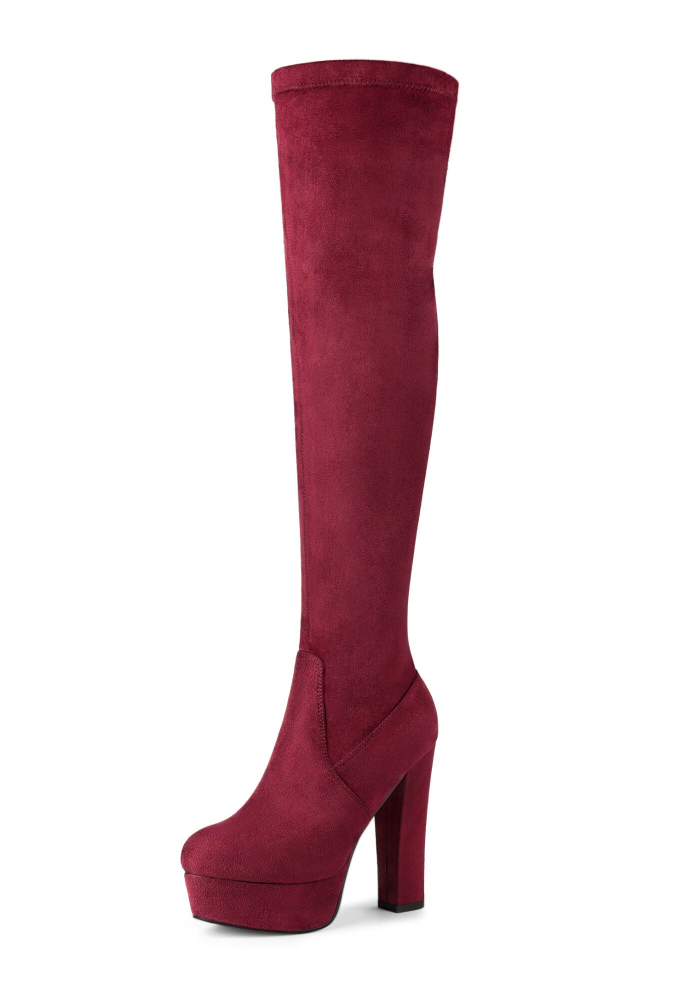 PLATFORM BLOCK HEEL OVER KNEE HIGH BOOTS, Burgundy / Burgundy, hi-res image number 0