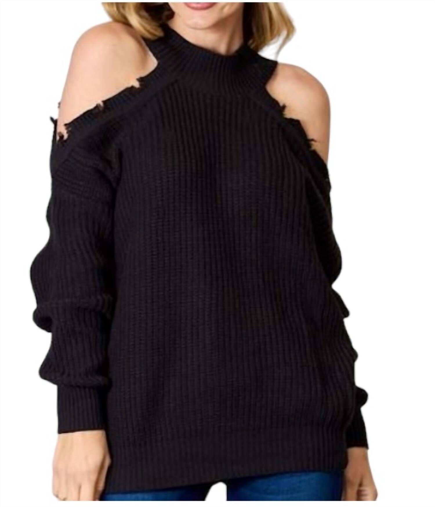 CUTOUT SHOULDER SWEATER IN BLACK, Black / Black, hi-res image number 0
