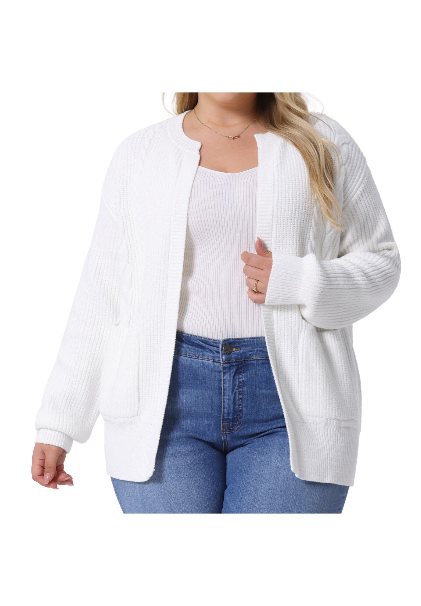 Long Sleeve Crew Neck Knit Cardigan Sweaters with Pockets, White / White, alternate image number 1