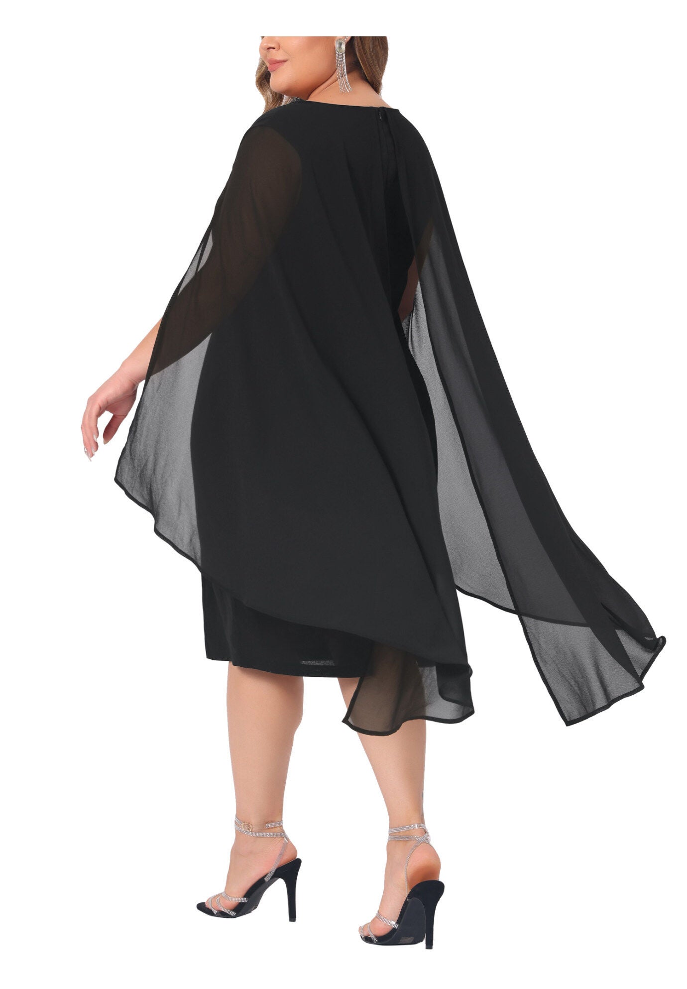 Chiffon Cape Sleeve Bodycon Pencil Cocktail Dress, Black / Black, alternate image number 3