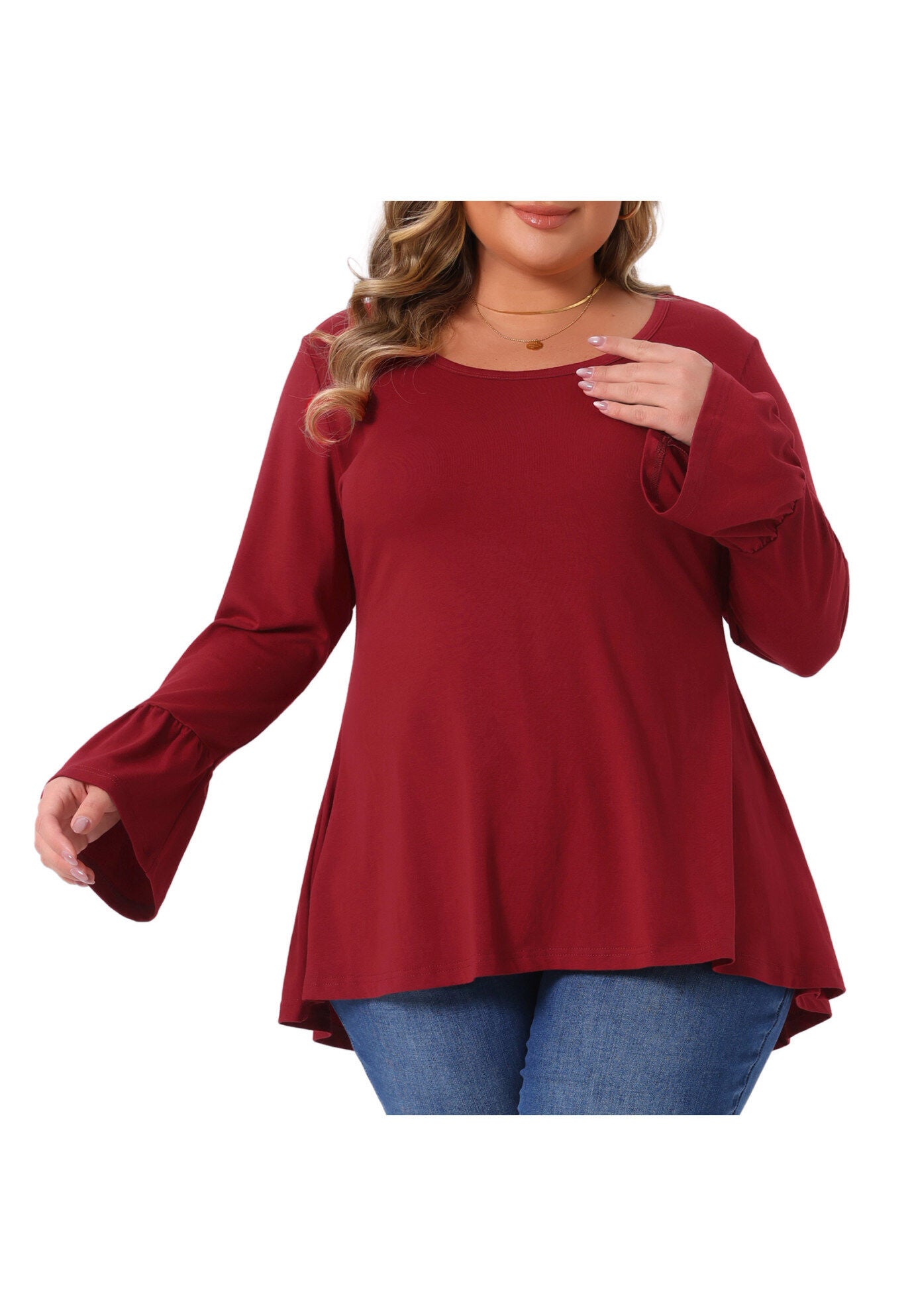 Crew Neck Bell Sleeve High Low Hem Blouses, Burgundy / Burgundy, alternate image number 2