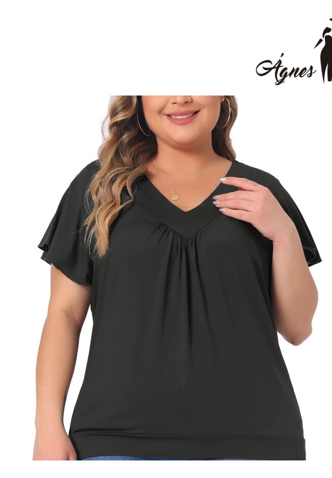 V Neck Ruffle Short Sleeve T-Shirt Top, Black / Black, alternate image number 1