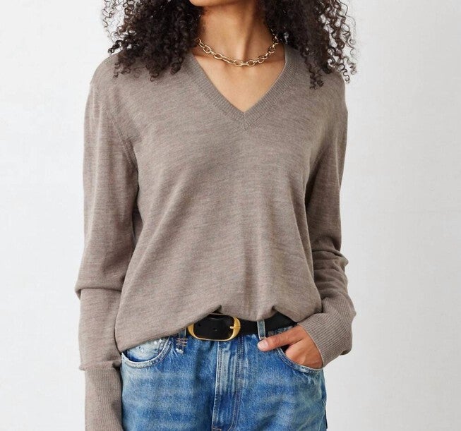 EVELYN MERINO V-NECK SWEATER IN OTTER, Otter / Beige, hi-res image number null