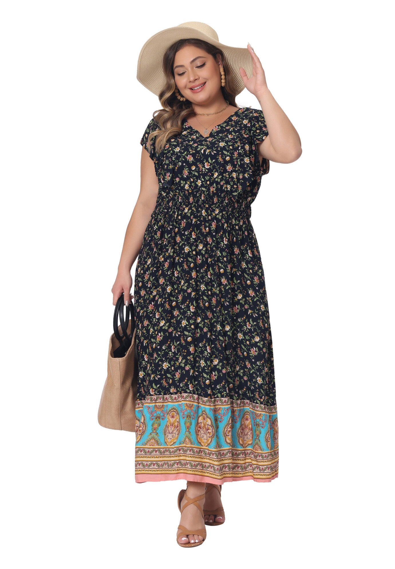 V Neck Ruffle Sleeve Boho Floral Maxi Long Dress, Navy Blue / Navy, hi-res image number 0
