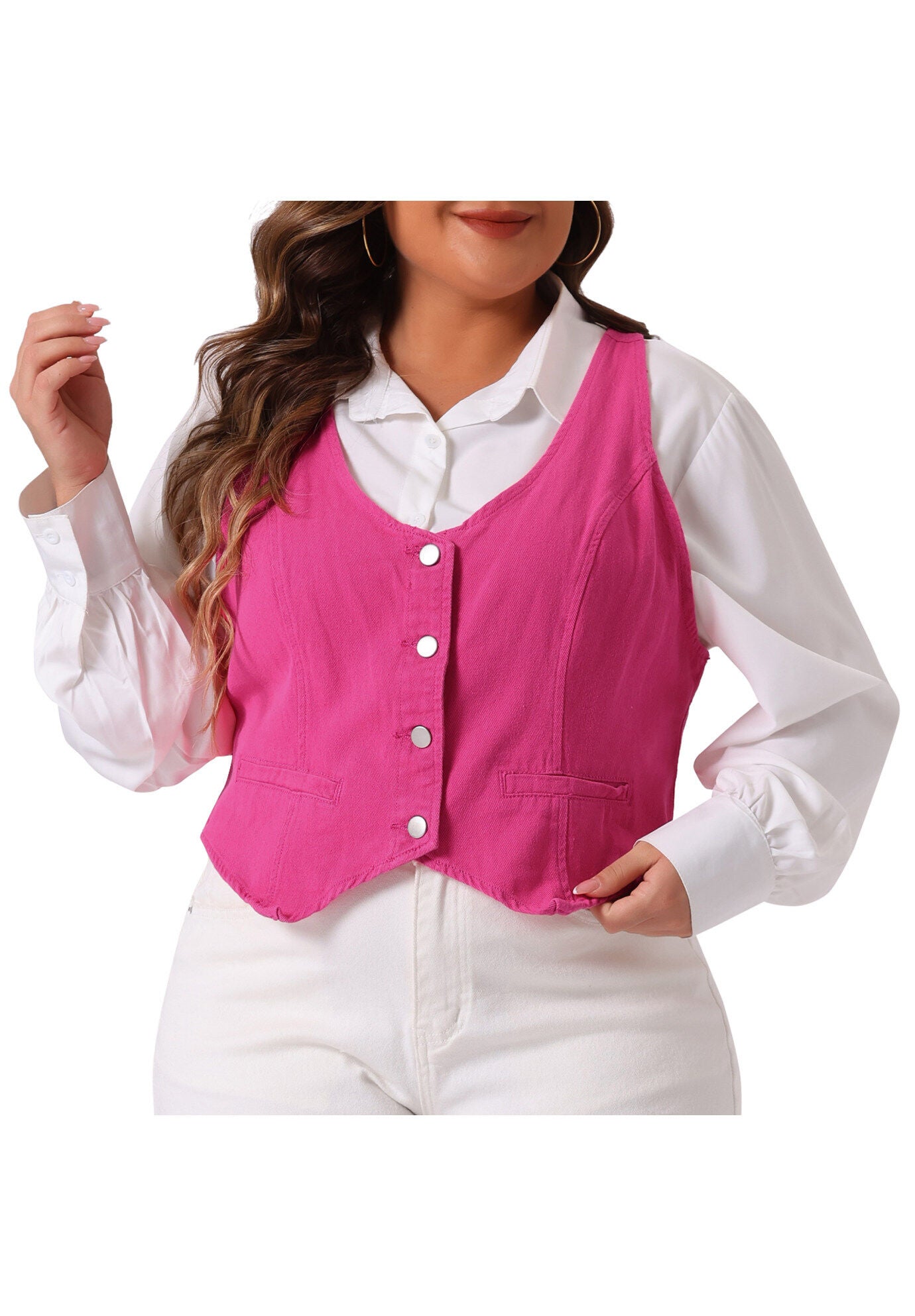 BUTTON DOWN SLEEVELESS JEAN WAISTCOAT VEST, Hot Pink / Pink, alternate image number 4