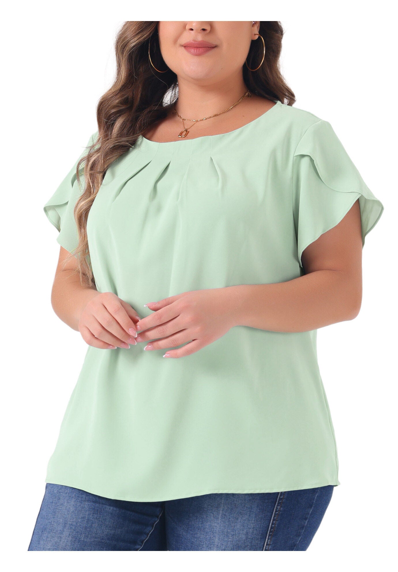Round Neck Pleated Top Tulip Sleeves Blouse Top, Light Green / Light Green, alternate image number 1
