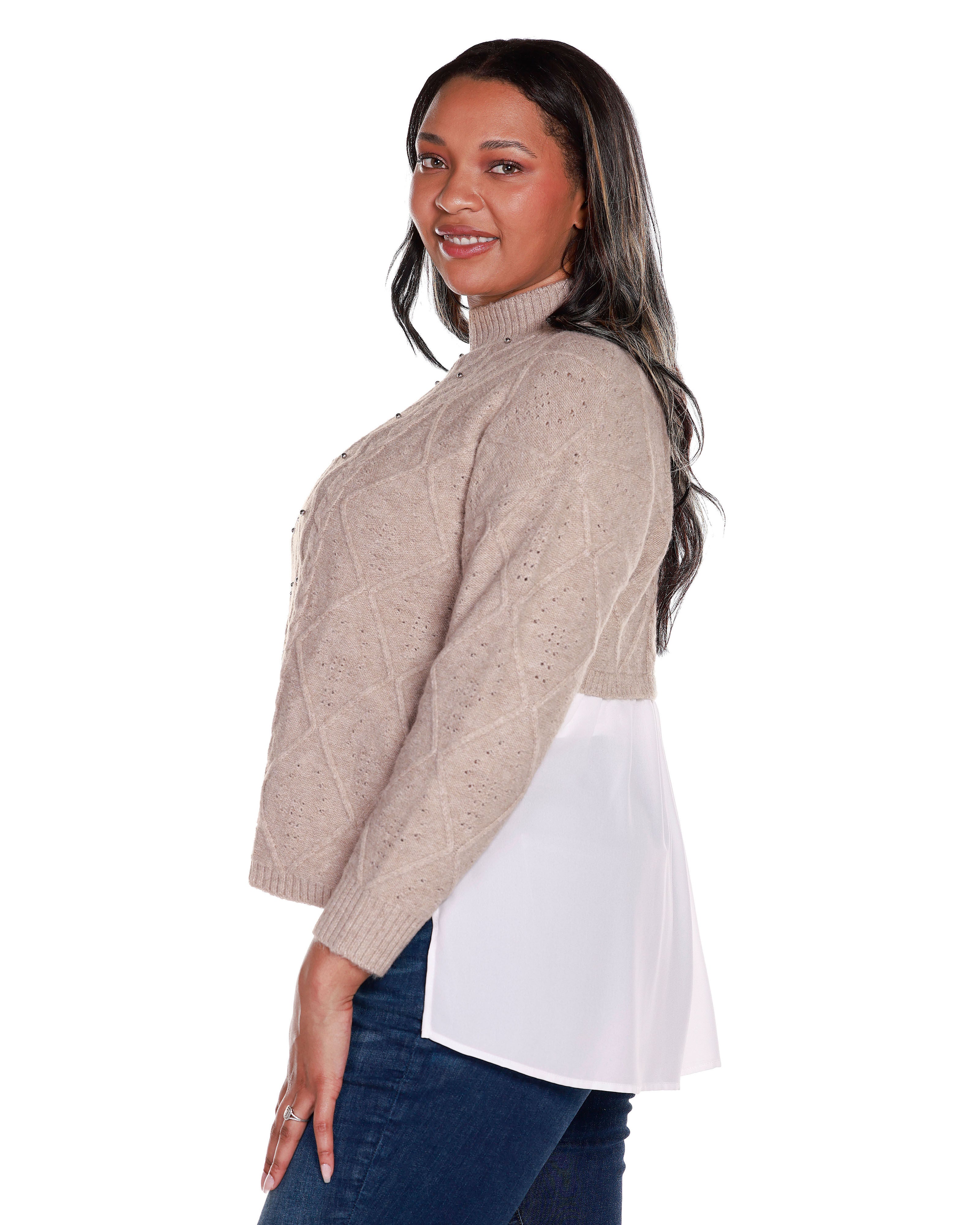 CHIFFON-BACK CABLE SWEATER, Heather TaupeWhite / Beige, alternate image number 2