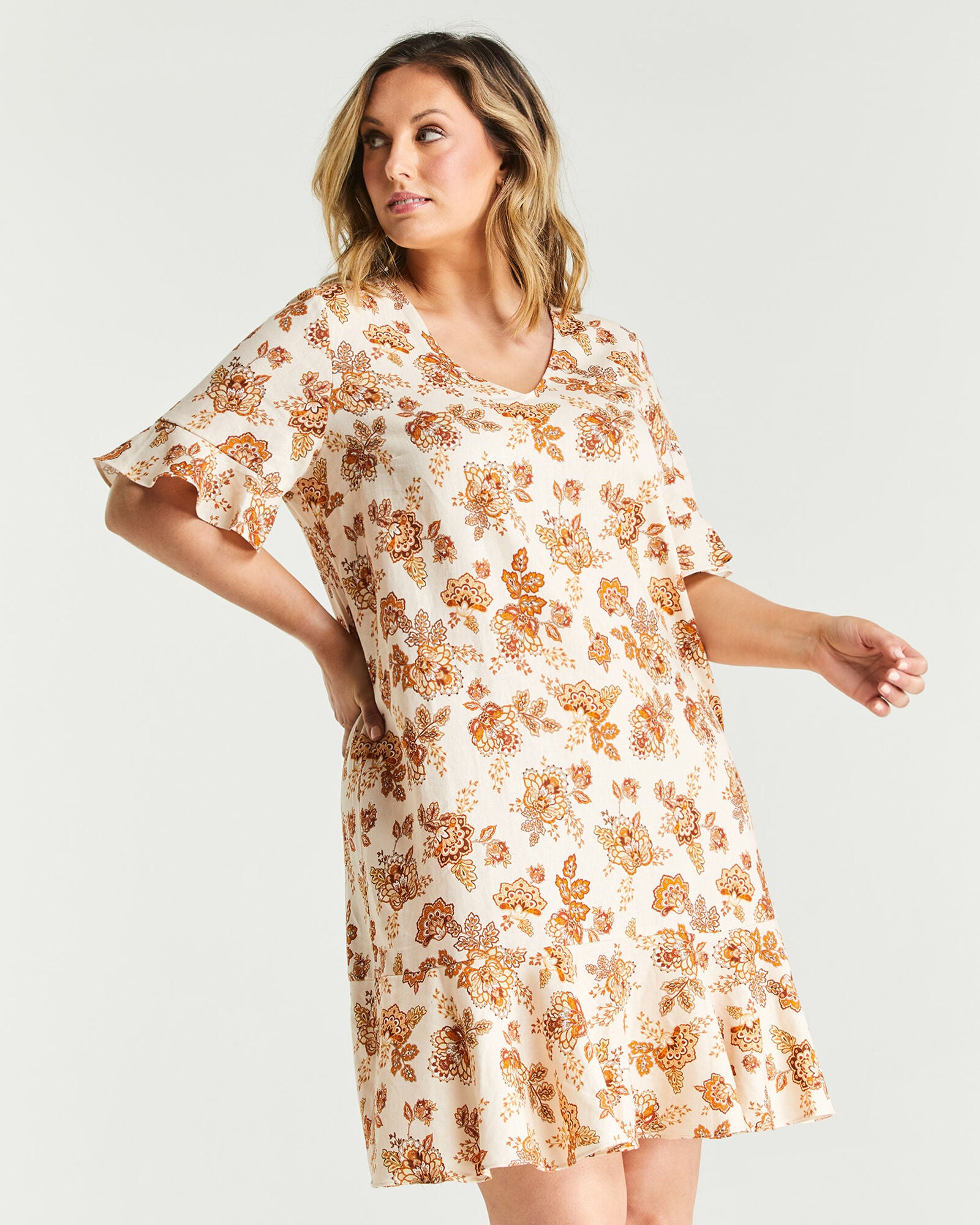 Earth Blooms Ruffle Dress, Print / Beige, alternate image number 3