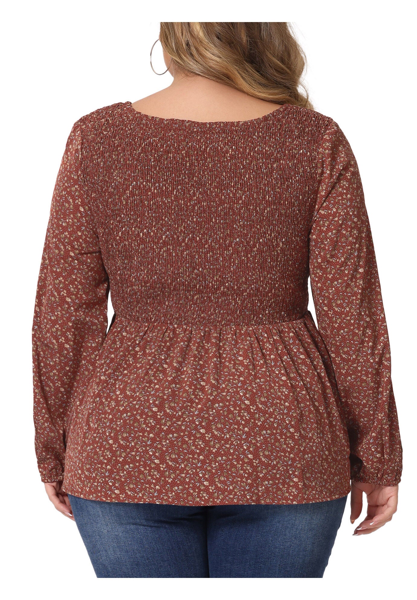 Floral Square Neck Smock Waist Peplum Top, Burgundy / Burgundy, alternate image number 3