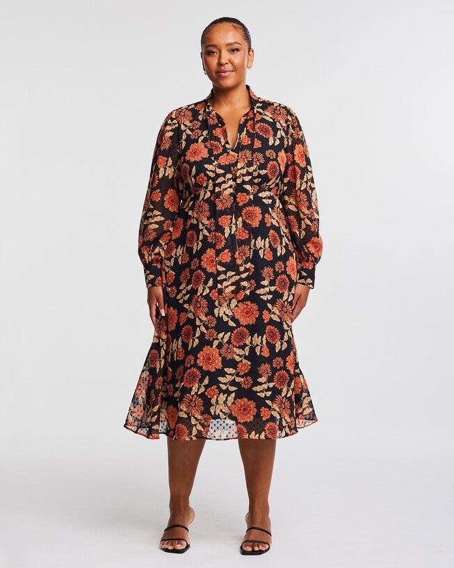 Autumnal Floral Midi Dress with Neck-Tie, , alternate image number 5