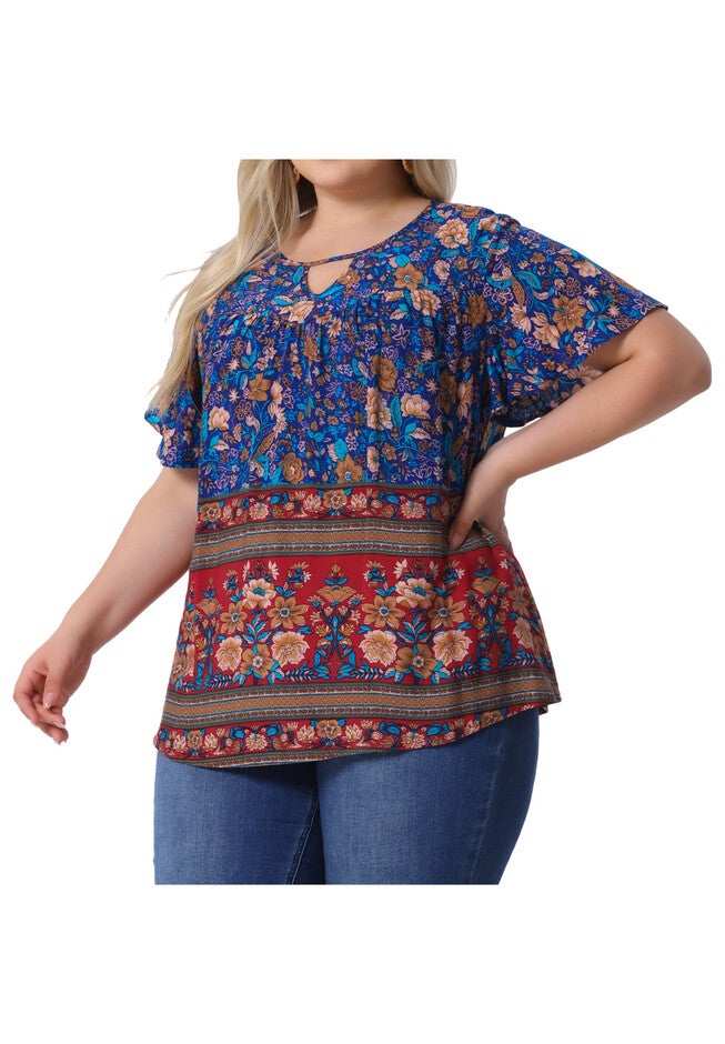 Keyhole Ruffle Short Sleeve Top Boho Floral Summer Blouse, Navy Blue / Navy, alternate image number 1