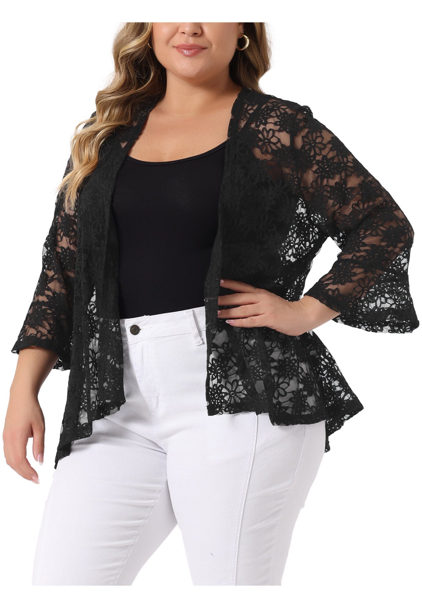 OPEN FRONT 3/4 BELL SLEEVE SHEER LIGHTWEIGHT LACE COVER UP CARDIGAN, Black / Black, alternate image number 1