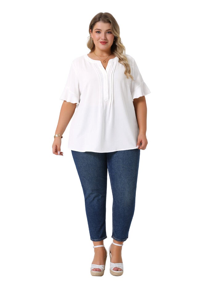 V Neck Ruffle Short Sleeve Chiffon Blouse Shirt, White / White, hi-res image number 0