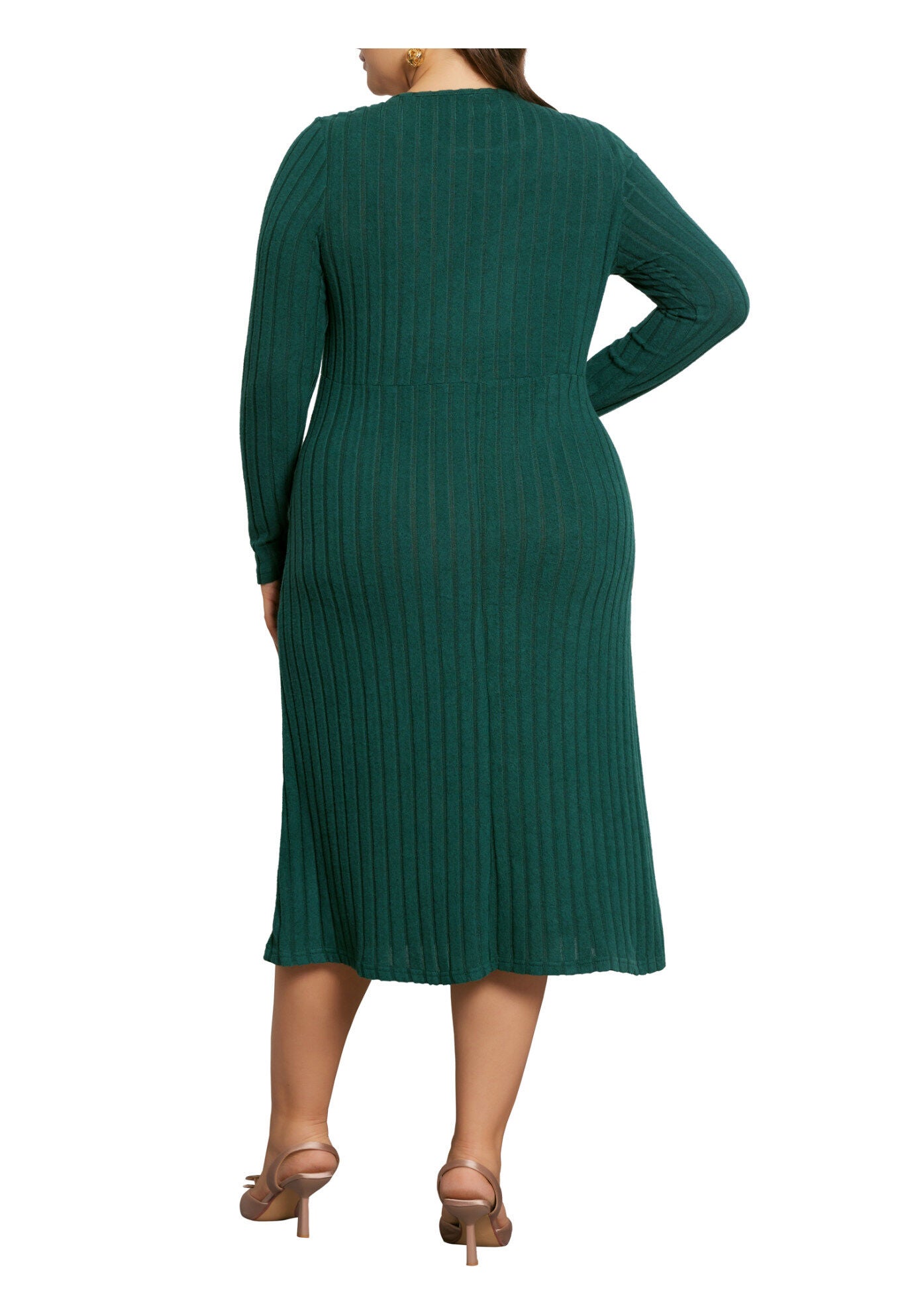 Ribbed Knit Long Sleeves Keyhole Crew Neck Pullover A Line Midi Dress, Green / Forest Green, alternate image number 3