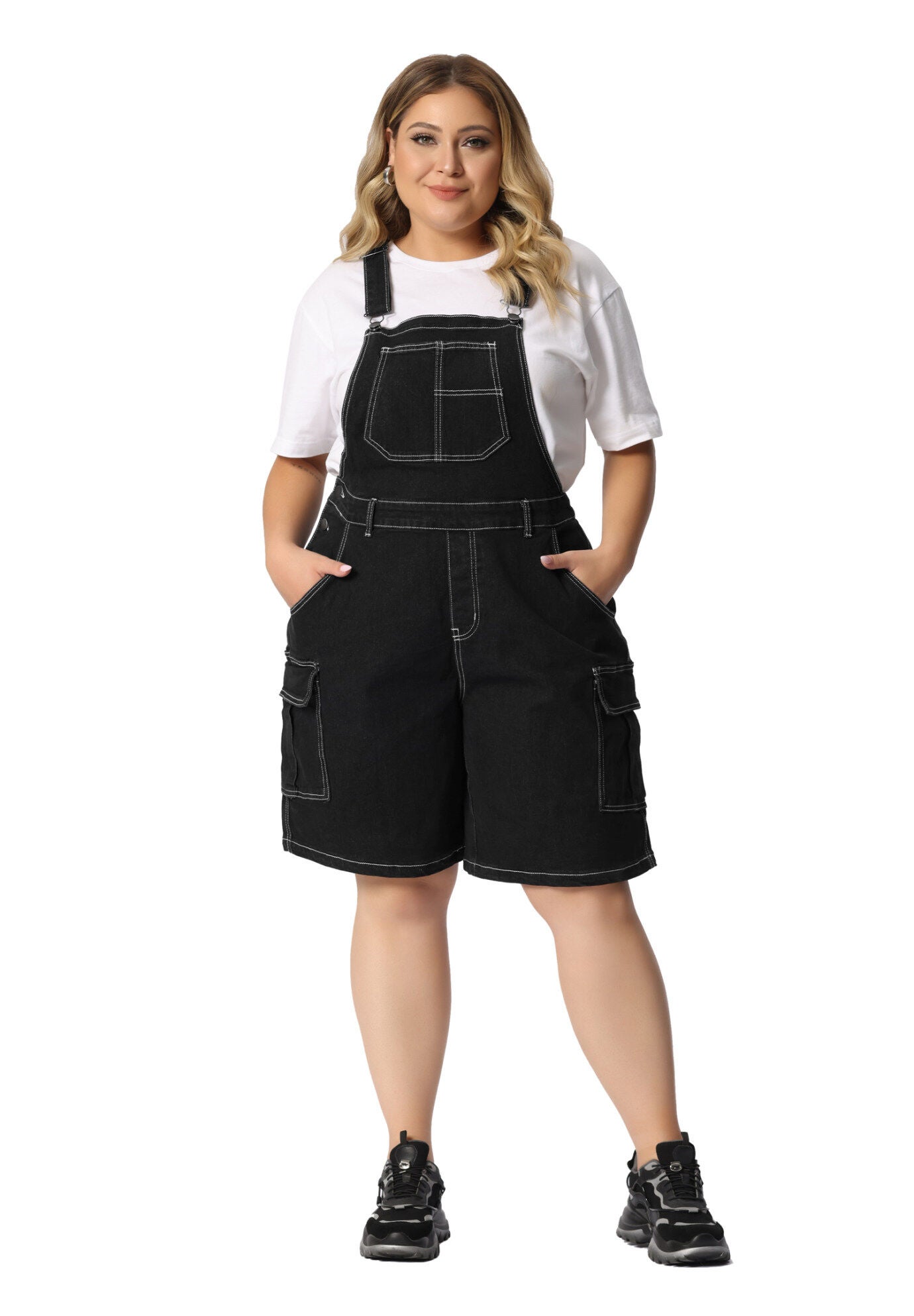 ADJUSTABLE STRAP BIB CARGO POCKET JEAN DENIM OVERALL SHORTS, , hi-res image number 0