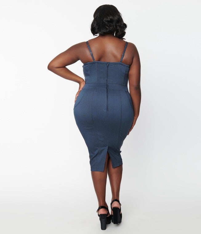 Unique Vintage Dark Denim Corset Ellison Wiggle Dress, , alternate image number null