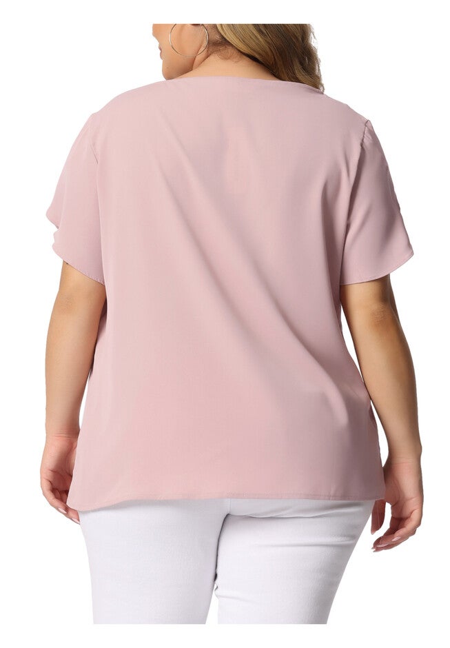 Round Neck Pleated Top Tulip Sleeves Blouse Top, Pink / Pink, alternate image number null